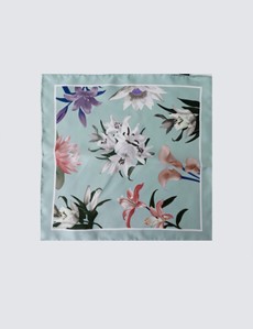 Men's Green Lilium Floral Print Handkerchief  - 100% Silk