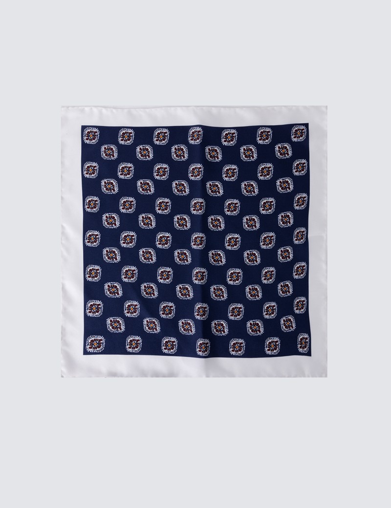 Men's Navy & White Leaf Print Handkerchief  - 100% Silk