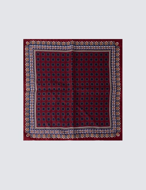 Men's Burgundy Geometric Daisy Print Handkerchief  - 100% Silk