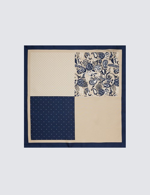 Men's Navy & Cream 4 Way Paisley Print Handkerchief  - 100% Silk