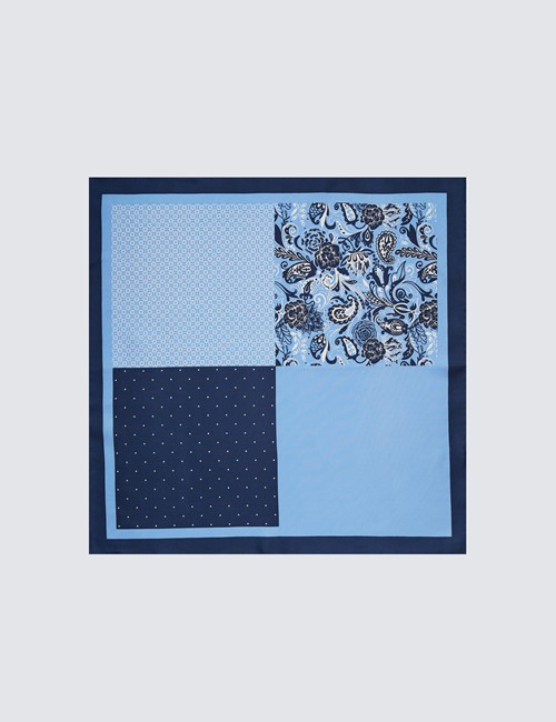 Men's Navy & Light Blue 4 Way Paisley Print Handkerchief  - 100% Silk