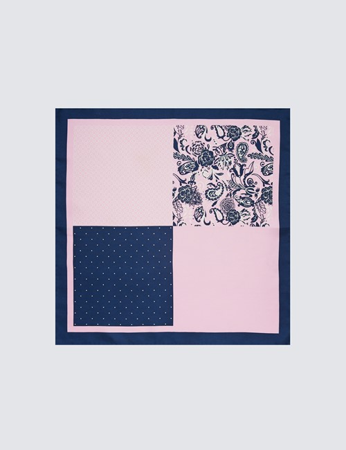 Men's Navy & Light Pink 4 Way Paisley Print Handkerchief  - 100% Silk