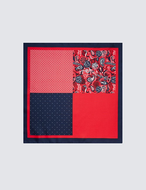 Men's Navy & Red 4 Way Paisley Print Handkerchief  - 100% Silk