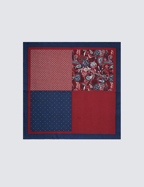 Men's Navy & Wine 4 Way Paisley Print Handkerchief  - 100% Silk