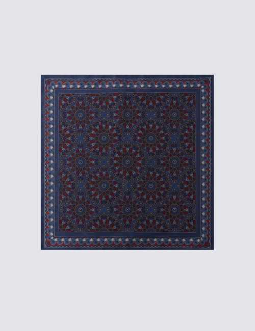Einstecktuch – Seide-Baumwolle Mix – quadratisch – blau rot gemustert