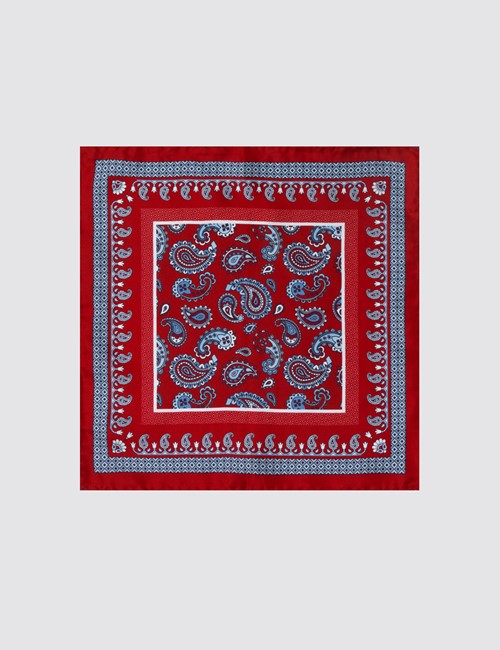 Men's Red Paisley Print Bordered Handkerchief  - 100% Silk