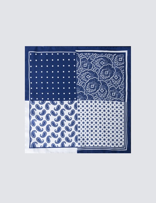 Men's Blue 4 Way Geometric Print Handkerchief  - 100% Silk