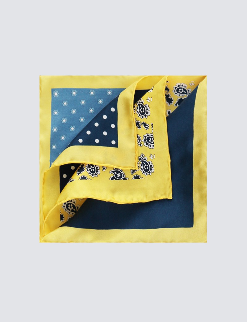 Men's Yellow & Navy 4 Way Floral Pocket Square 100 Silk Hawes & Curtis