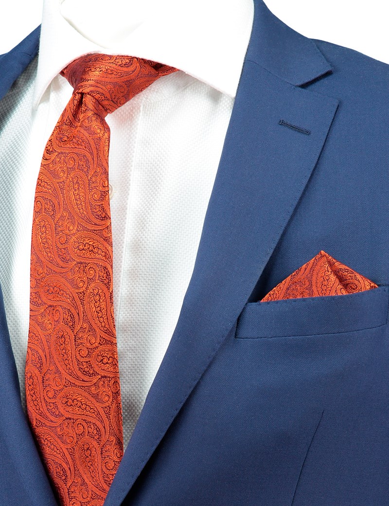 Men's Luxury Orange Paisley Handkerchief - 100% Silk