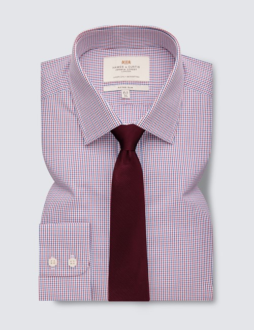 Easy Iron Red & Navy Multi Check Fitted Slim Shirt - Single cuffs 