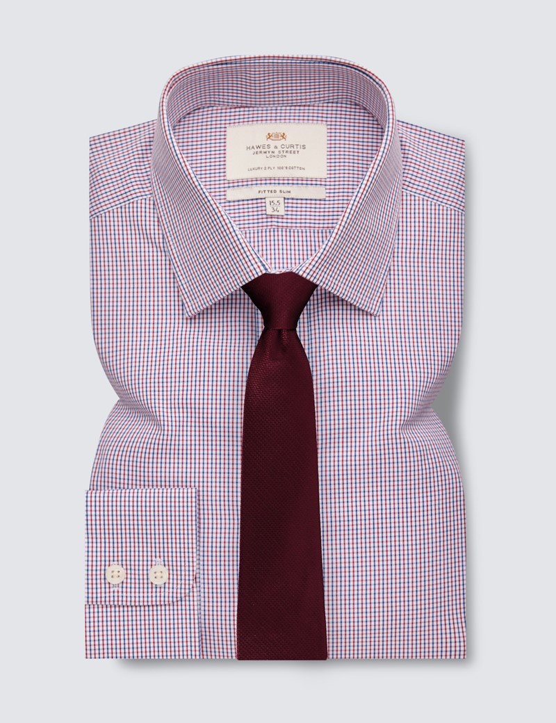 Easy Iron Red & Navy Multi Check Fitted Slim Shirt - Single cuffs 