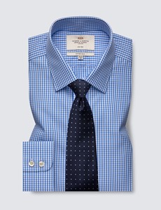 Men's Dress Blue & White Gingham Plaid Fitted Slim Shirt - Single Cuff - Non Iron