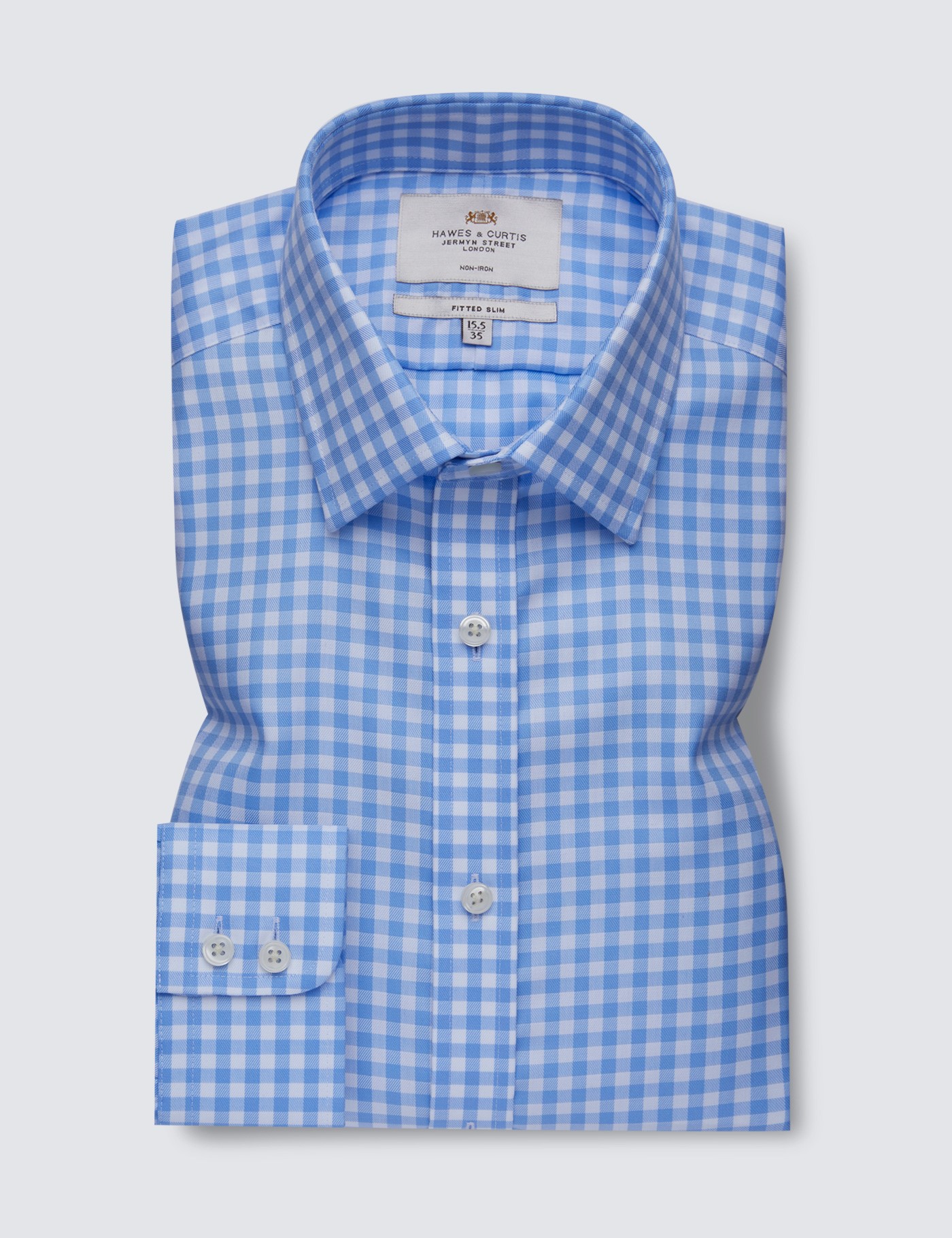 Men's Non-Iron Blue & White Gingham Plaid Fitted Slim Shirt