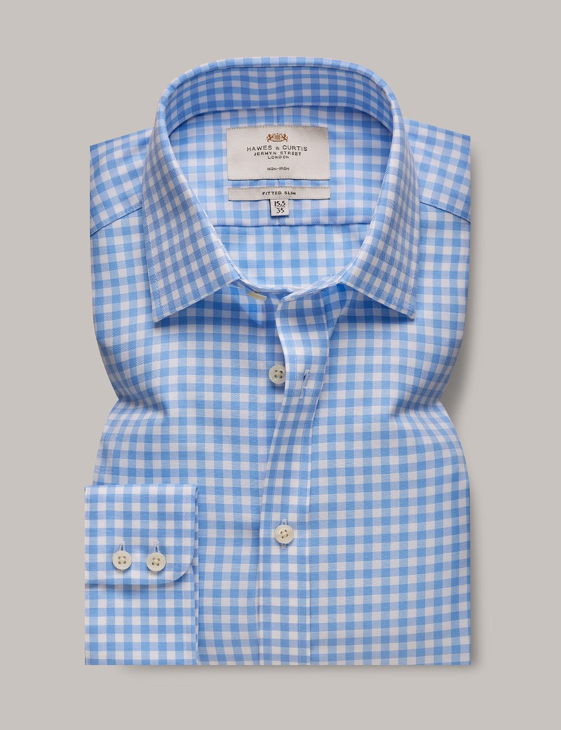 Men's Non-Iron Blue & White Gingham Fitted Slim Shirt