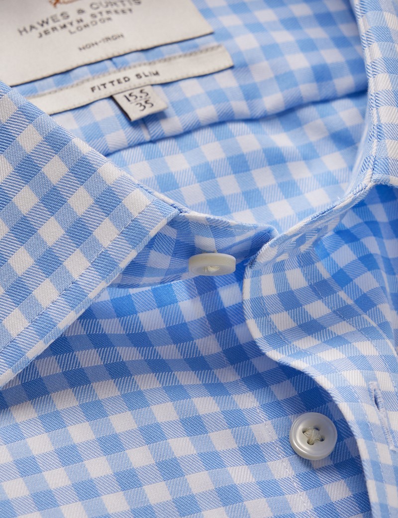 Men's Non-Iron Blue & White Gingham Fitted Slim Shirt