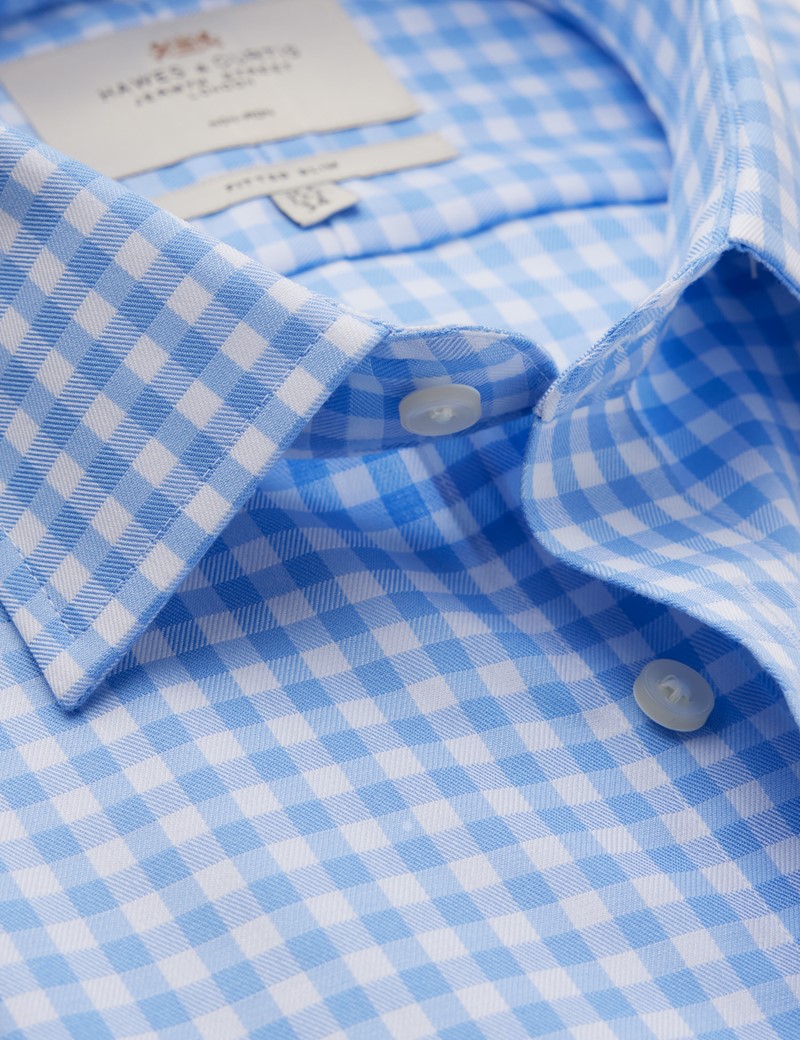 Non Iron Blue & White Check Fitted Slim Shirt With Semi Cutaway Collar - Single Cuffs
