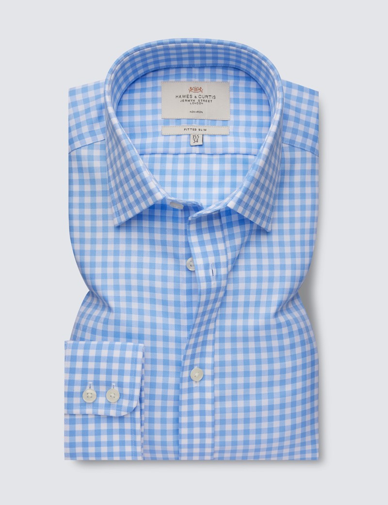 Non Iron Blue & White Check Fitted Slim Shirt With Semi Cutaway Collar - Single Cuffs