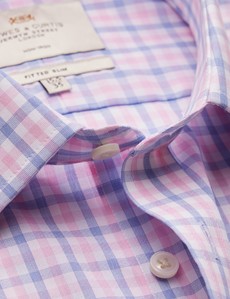 Non Iron Blue & Pink Check Fitted Slim Shirt With Semi Cutaway Collar - Double Cuffs