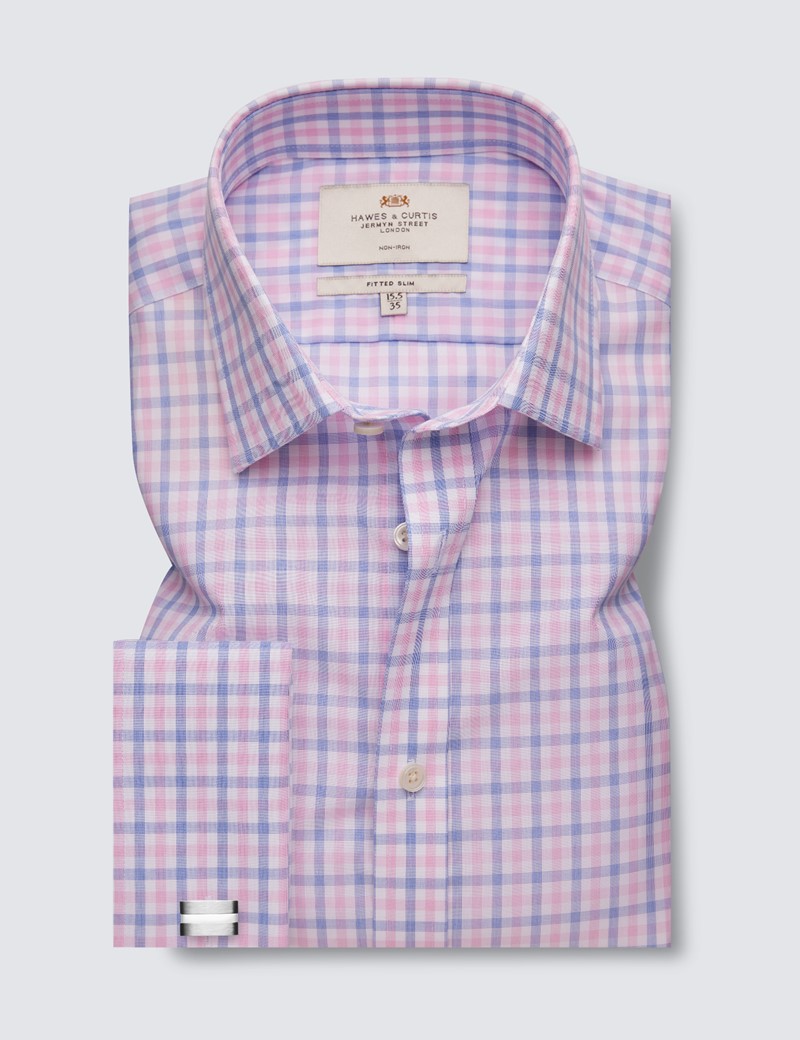 Non Iron Blue & Pink Check Fitted Slim Shirt With Semi Cutaway Collar - Double Cuffs