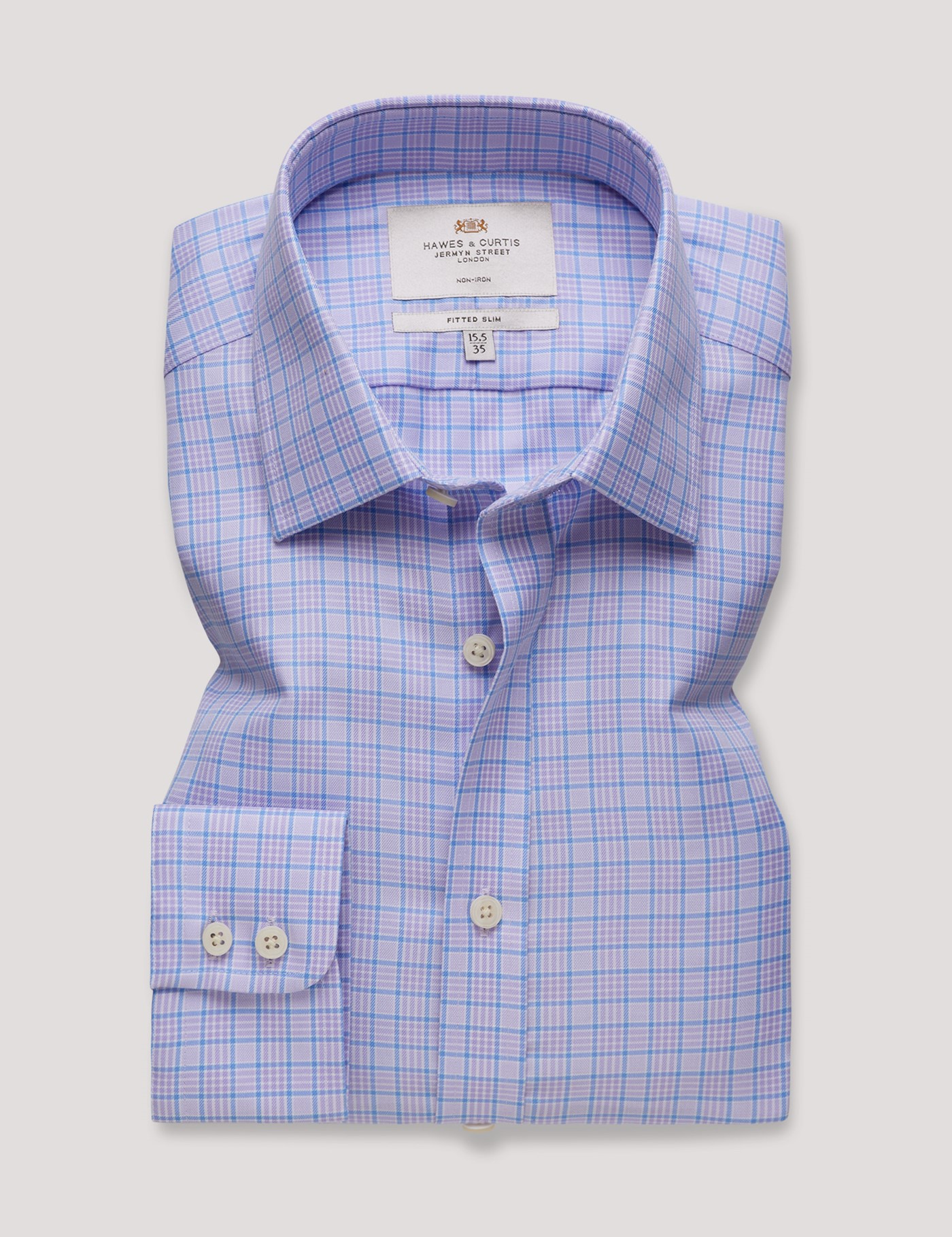 Hawes & Curtis Fitted Slim Lilac & Blue Check Non-Iron Shirt Size: 15.5" collar, 36" sleeve image 2