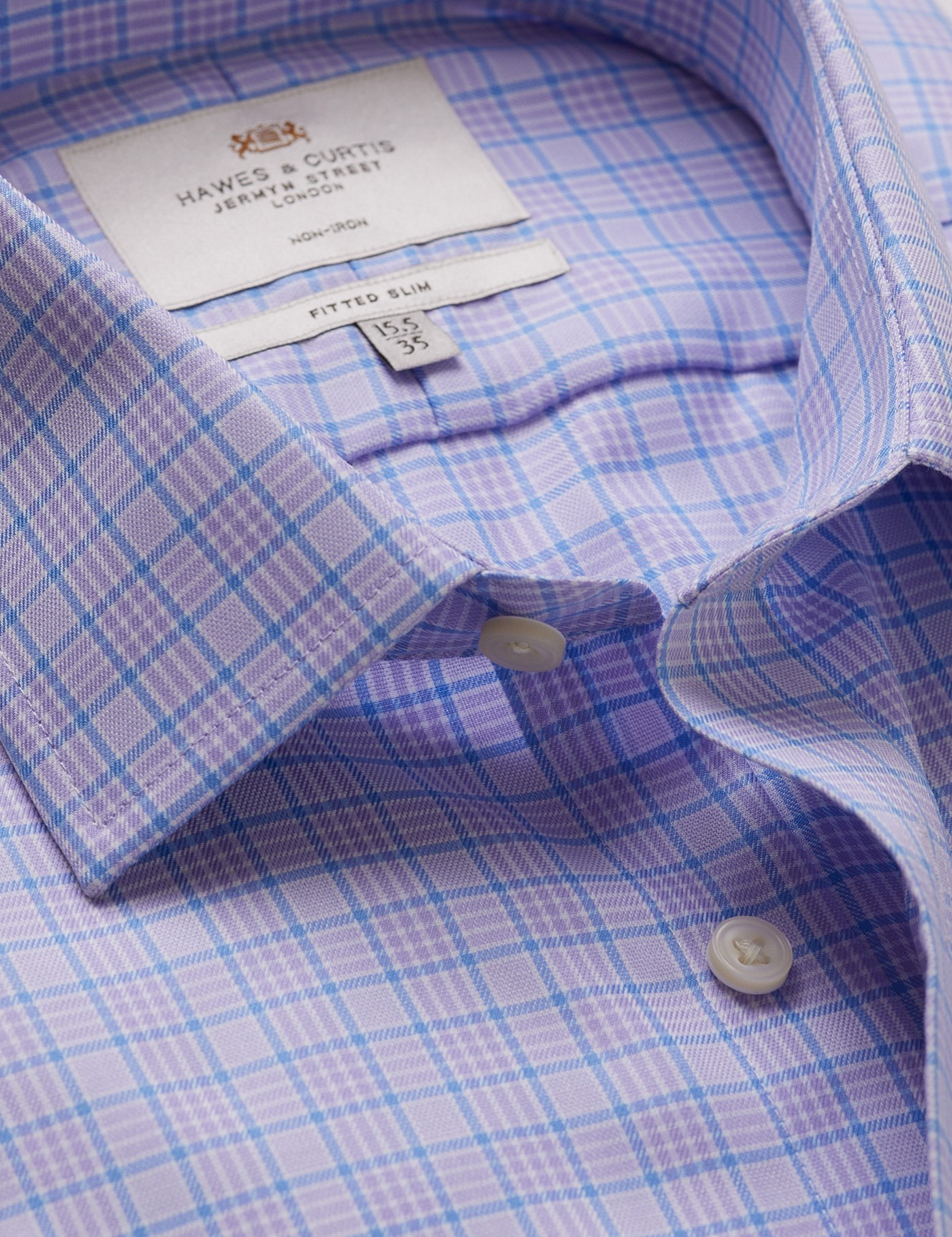 Hawes & Curtis Fitted Slim Lilac & Blue Check Non-Iron Shirt Size: 15.5" collar, 36" sleeve