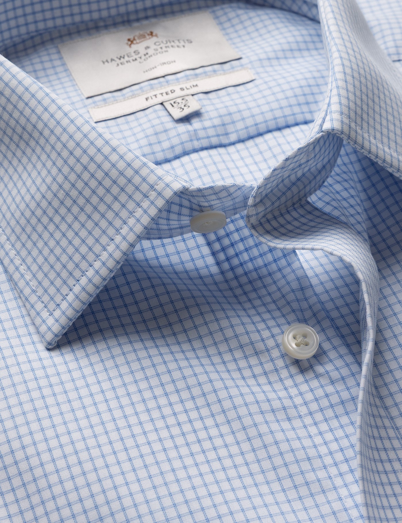 & Fitted Slim Blue & Windowpane Check Non Iron Shirt 15.5" collar 34" sleeve