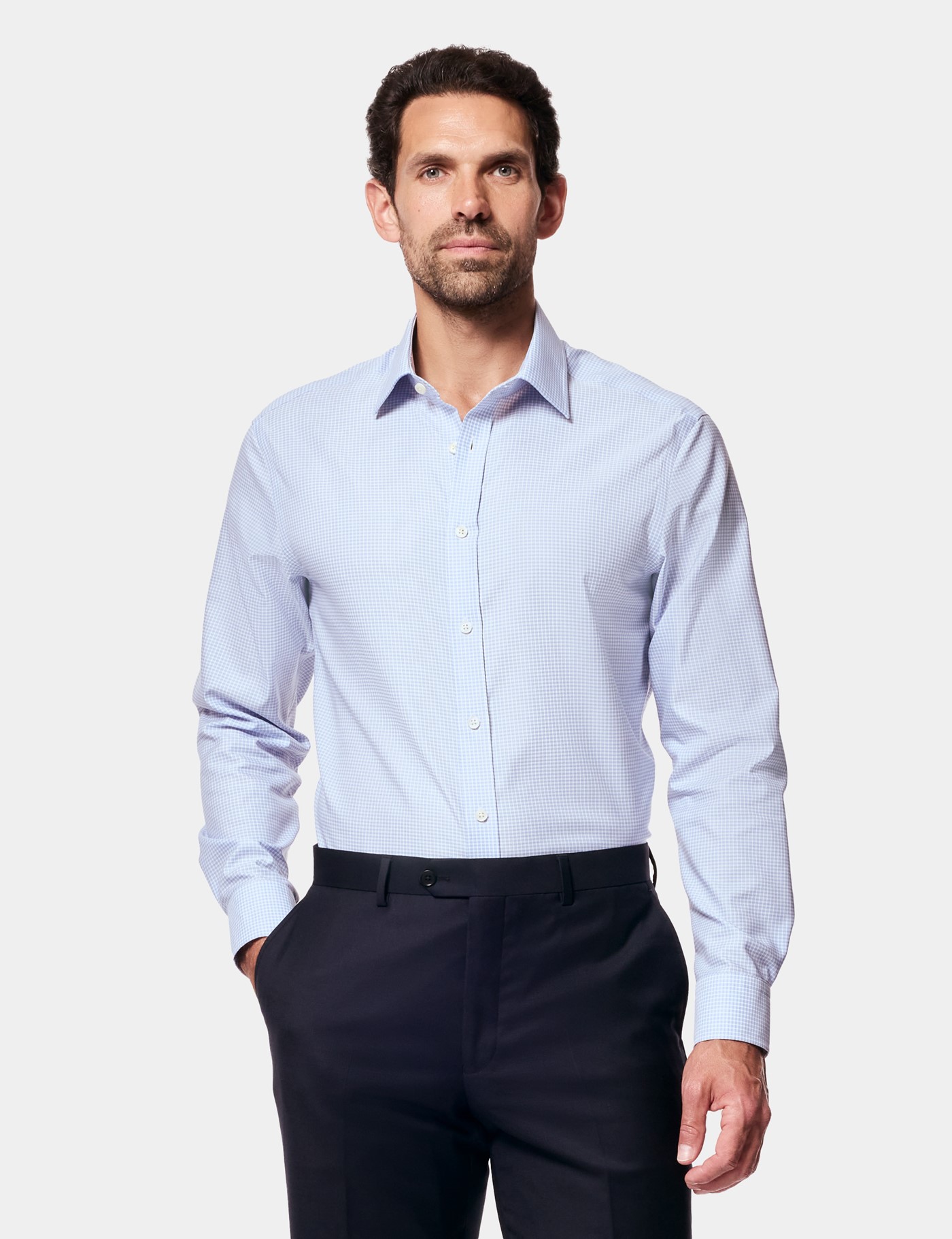 Hawes & Curtis Fitted Slim Navy & White Mini Check Non-Iron Shirt Size: 15.5" collar, 34" sleeve