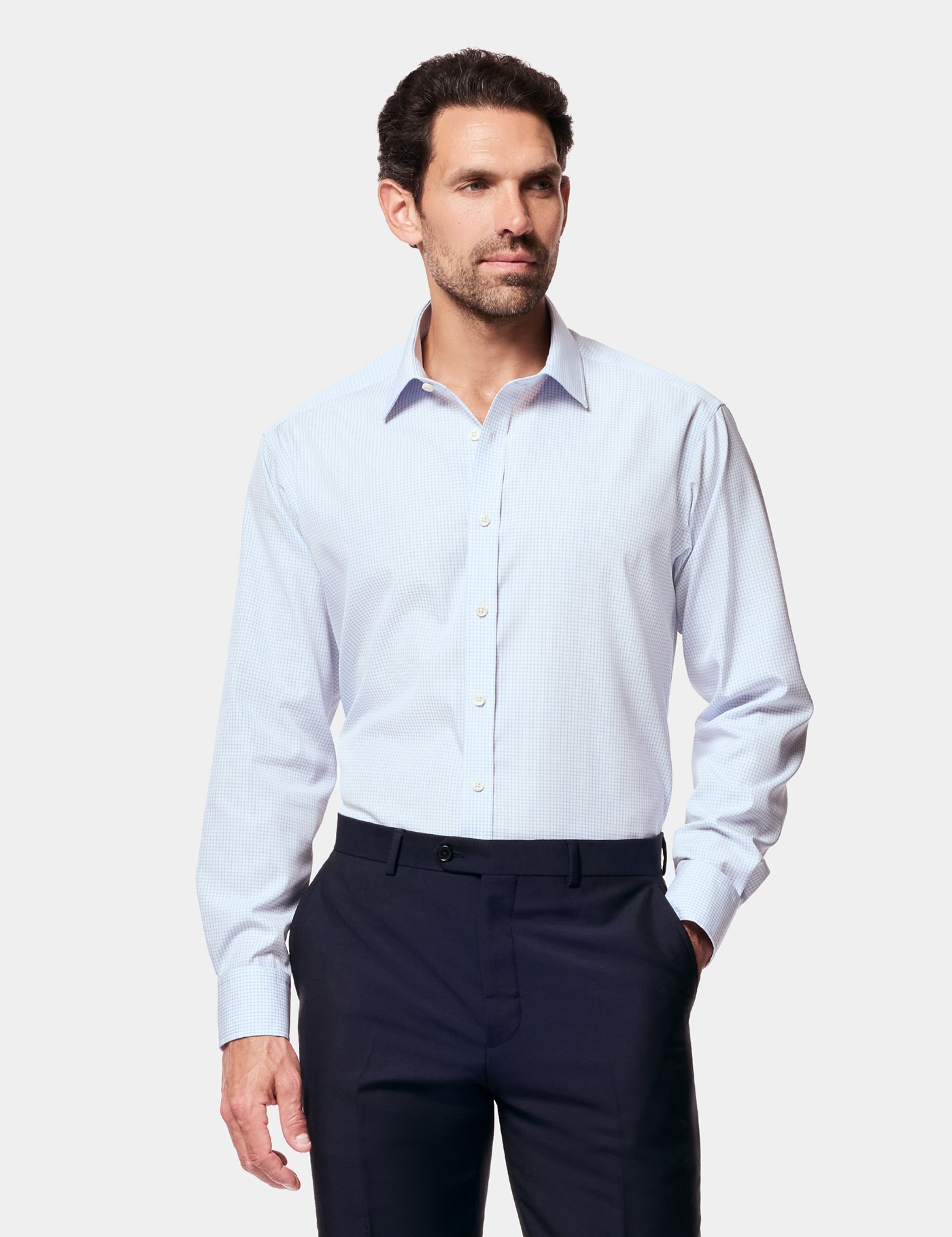 Hawes & Curtis Fitted Slim Blue & White Grid Check Non-Iron Shirt Size: 16" collar, 34" sleeve