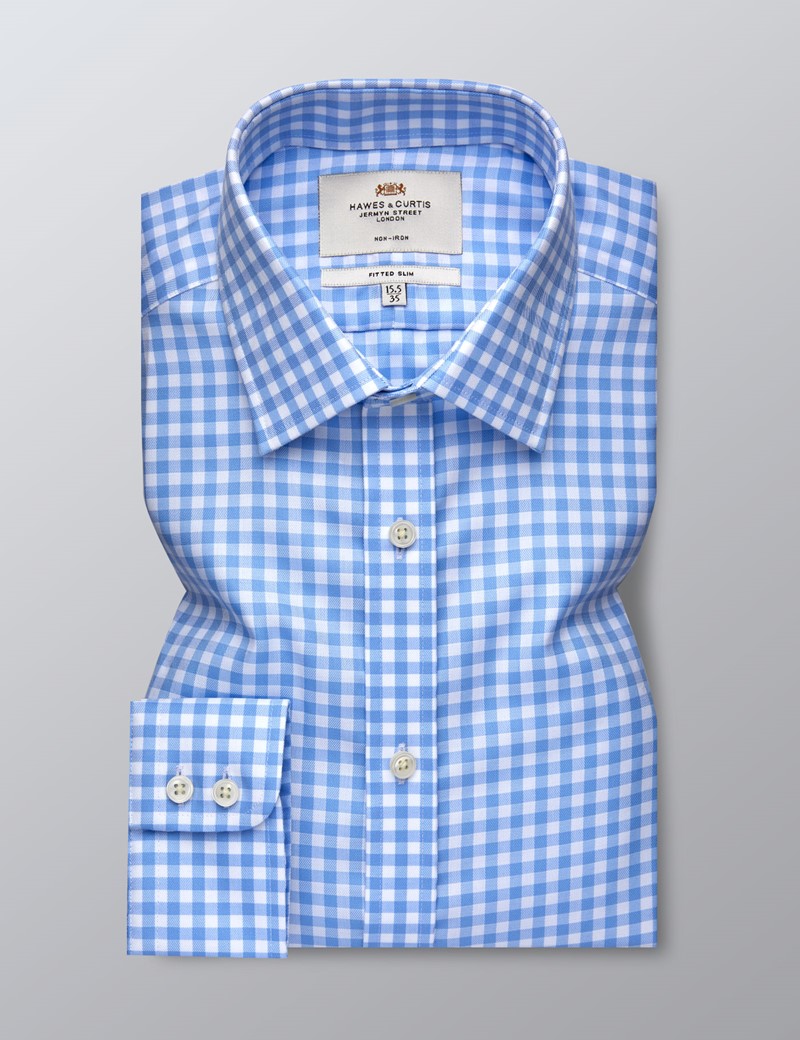 Men's Dress Blue & White Plaid Fitted Slim Shirt - Single Cuff - Non ...