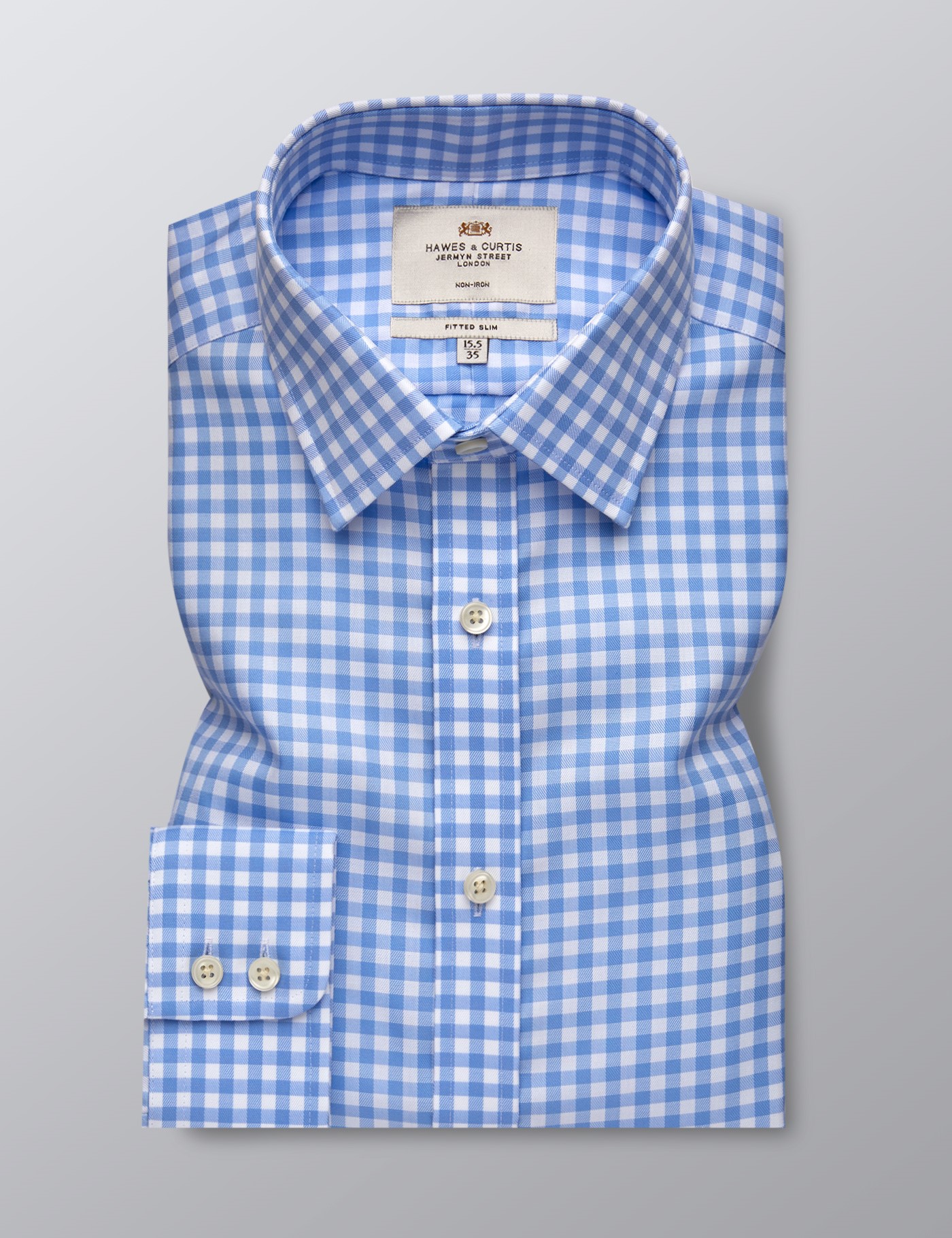 Non Iron Check Men's Fitted Slim Shirt with Single Cuff in Blue & White ...