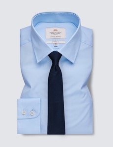 Men's Blue Poplin Fitted Slim Shirt - Single Cuff - Easy Iron