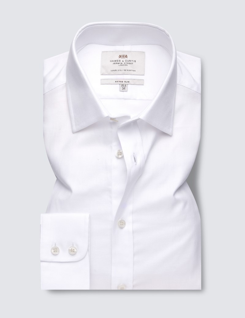 Easy Iron White Twill Fitted Slim Shirt With Semi Cutaway Collar - Single Cuffs