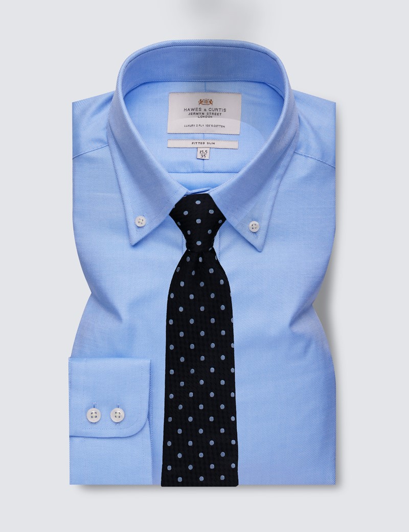 Easy Iron Blue Twill Fitted Slim Shirt - Button Down Collar - Single Cuff