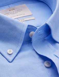 Easy Iron Blue Twill Fitted Slim Shirt - Button Down Collar - Single Cuff