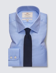 Easy Iron Blue Twill Fitted Slim Shirt With Semi Cutaway Collar - Single Cuffs
