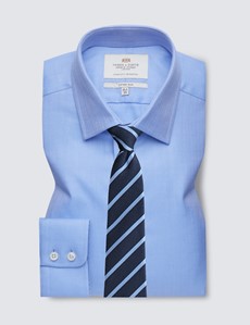 Men's Formal Blue Herringbone Fitted Slim Shirt - Single Cuff - Easy Iron