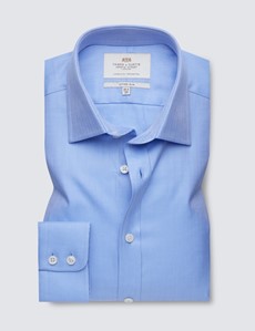Men's Dress Blue Herringbone Fitted Slim Shirt - Single Cuff - Easy Iron