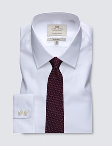 Easy Iron White Herringbone Fitted Slim Shirt With Semi Cutaway Collar - Single Cuffs