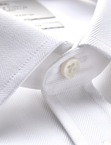 Easy Iron White Herringbone Fitted Slim Shirt With Semi Cutaway Collar - Single Cuffs