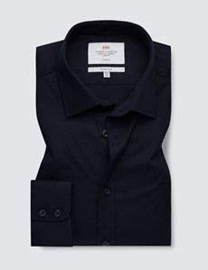 Easy Iron Plain Black Fitted Slim Stretch Shirt With Semi Cutaway Collar - Single Cuffs