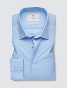 Easy Iron Plain Blue Fitted Slim Stretch Shirt With Semi Cutaway Collar - Single Cuffs