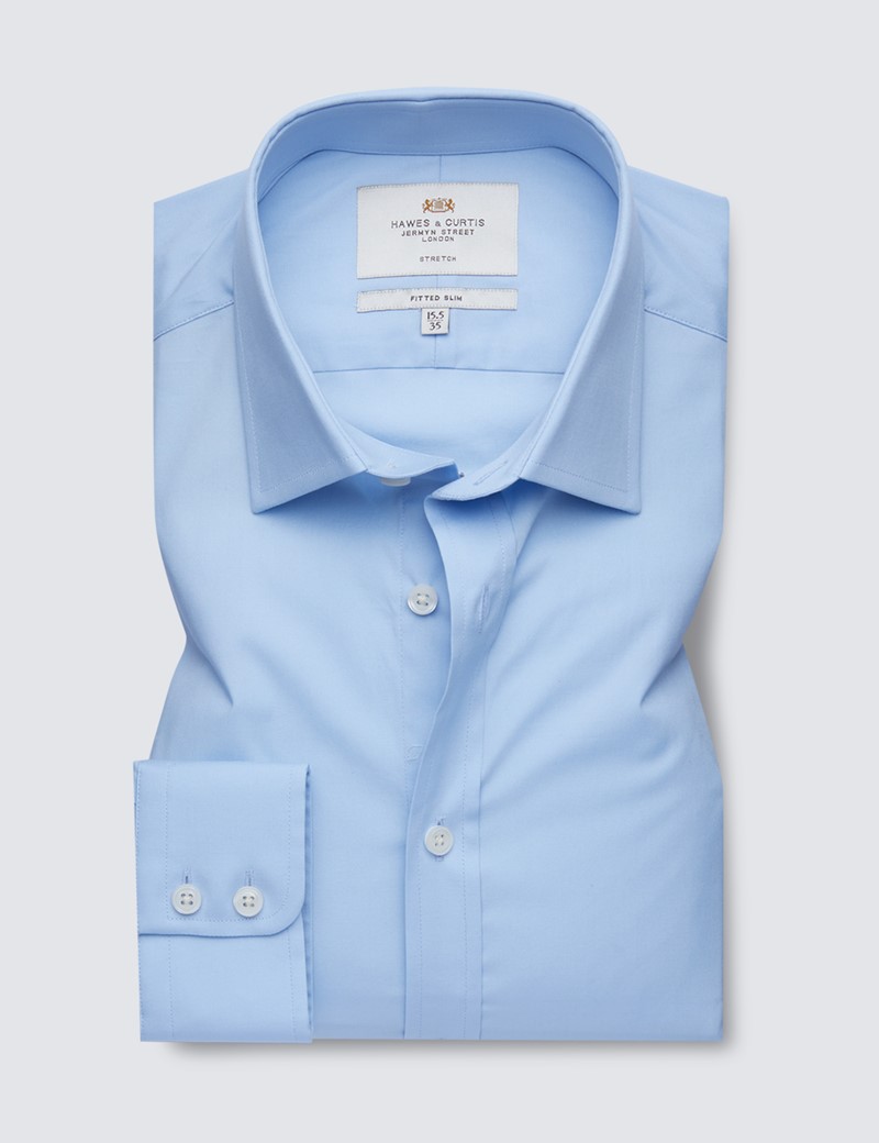 Easy Iron Plain Blue Fitted Slim Stretch Shirt With Semi Cutaway Collar - Single Cuffs