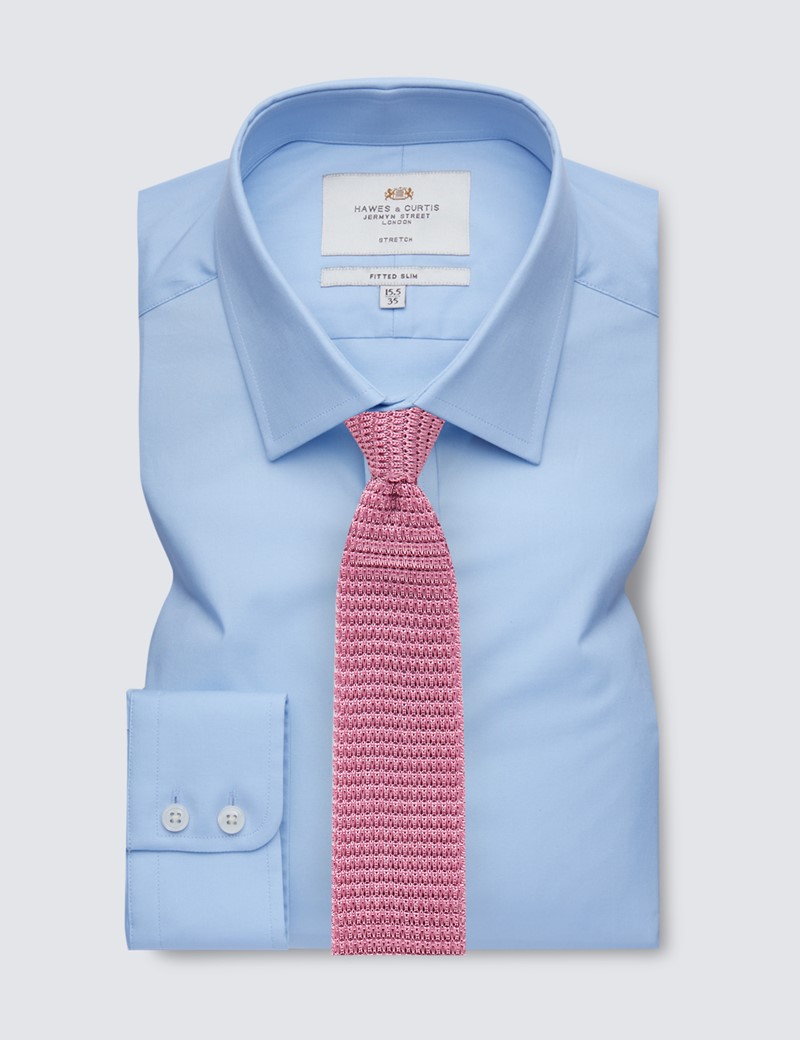Plain Blue Fitted Slim Stretch Shirt With Semi Cutaway Collar - Single Cuffs