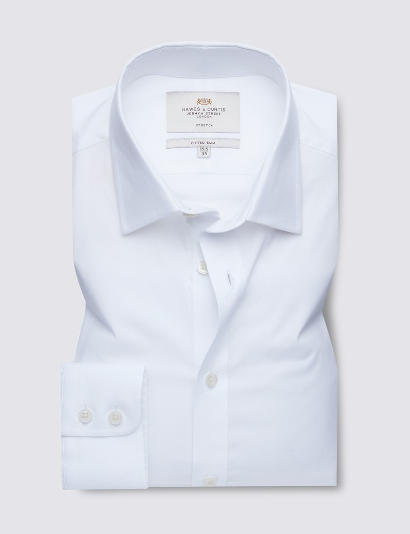 Easy Iron Plain White Fitted Slim Stretch Shirt With Semi Cutaway Collar - Single Cuffs