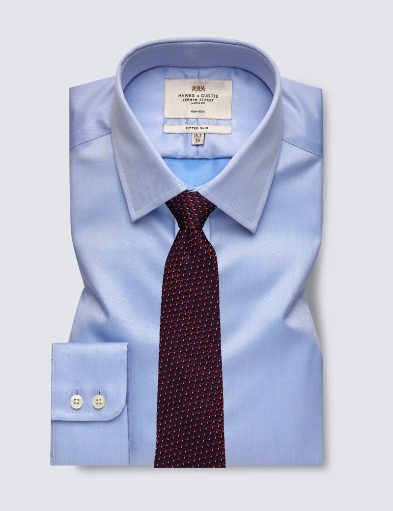 Non Iron Blue Twill Fitted Slim Shirt With Semi Cutaway Collar - Single Cuffs