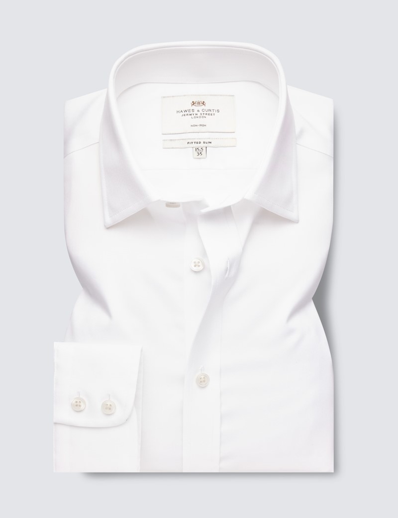 Non Iron White Twill Fitted Slim Shirt - Single Cuffs 