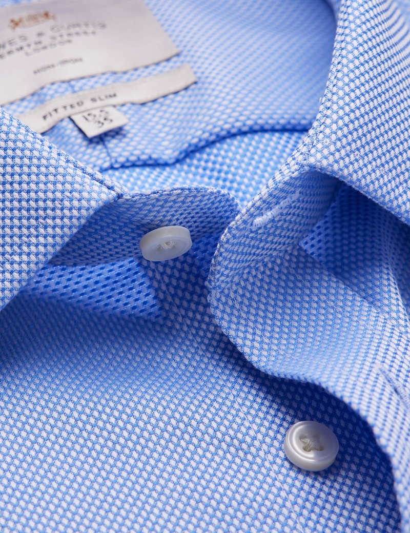 Non Iron Blue Fabric Interest Fitted Slim Shirt With Semi Cutaway Collar - Single Cuffs
