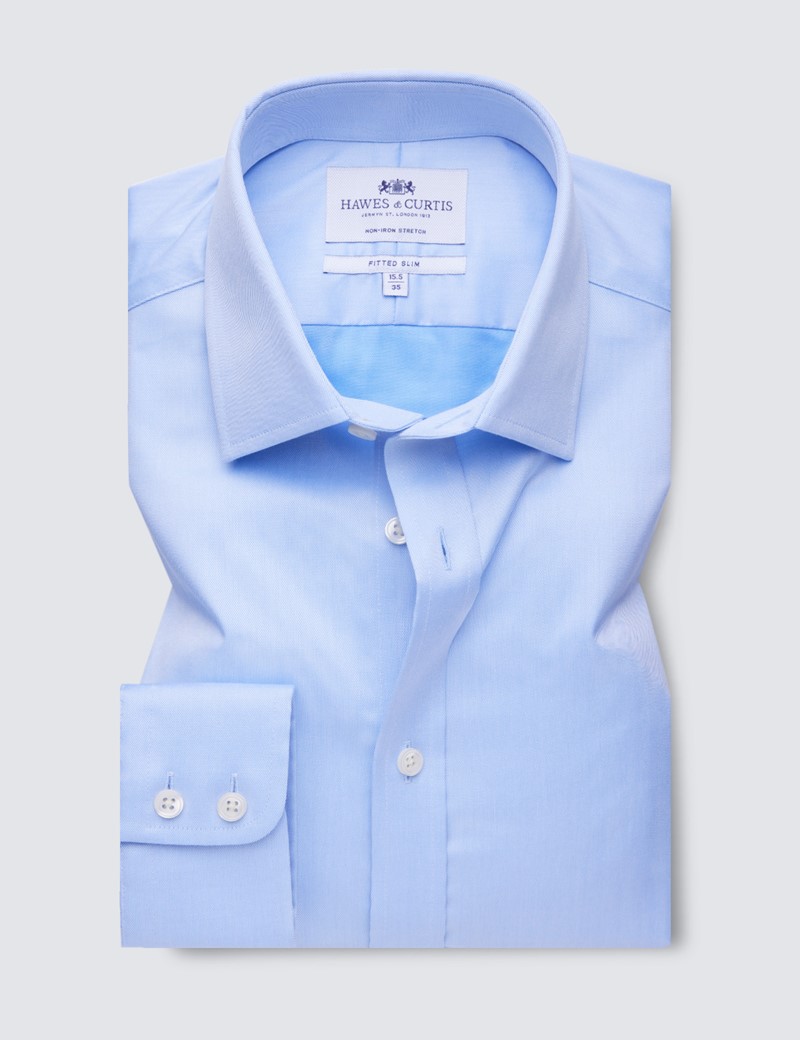 Men's Dress Blue Twill Fitted Slim Single Cuff Shirt - Non Iron 
