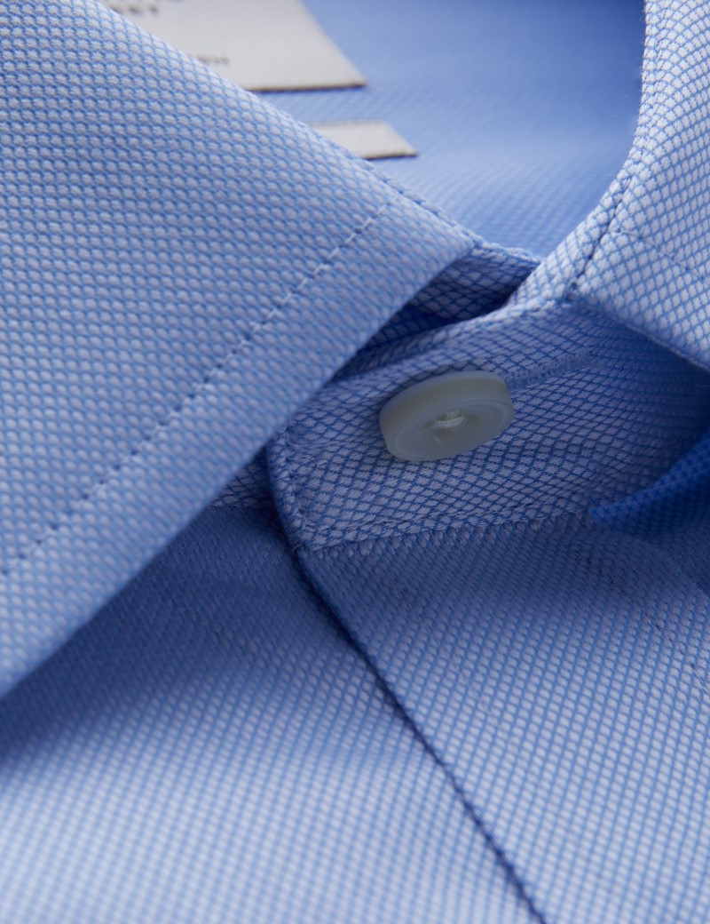 Men's Business Blue Pique Fitted Slim Shirt - Single Cuff - Easy Iron