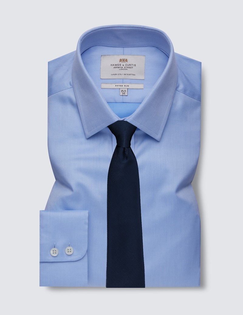 Men's Business Blue Pique Fitted Slim Shirt - Single Cuff - Easy Iron